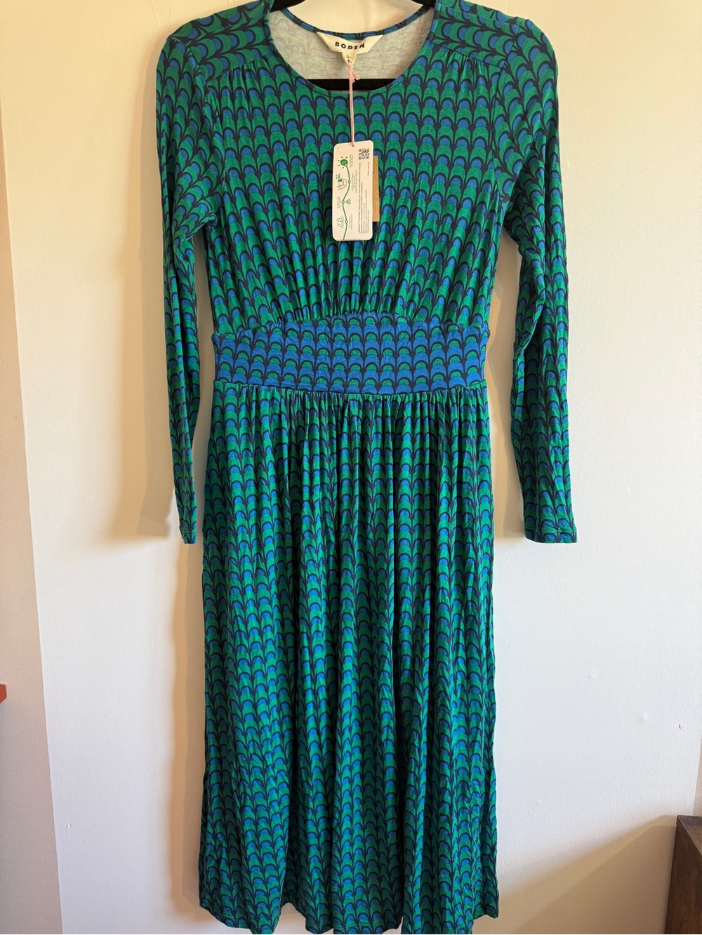 NWT Boden Thea Jersey Midi Dress Green Blue Geo Print US 2P UK 6P